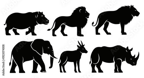 African Wildlife Silhouettes Set: Lion, Elephant, Rhino, Hippo, and Antelope Vector Icons