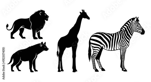 African Wildlife Silhouettes Set: Lion, Giraffe, Zebra, Hyena Icons