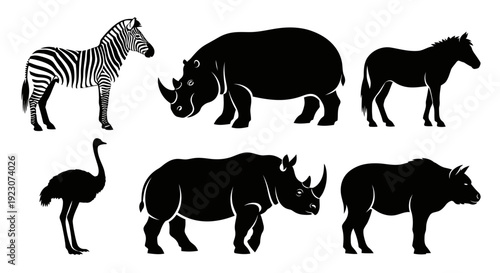 African Wildlife Silhouettes Set: Zebra, Rhinoceros, Ostrich, and Other Safari Animals