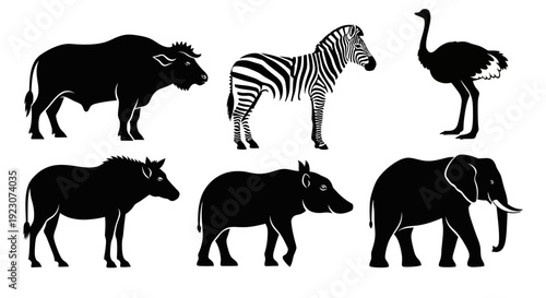 African Wildlife Silhouettes Set: Zebra, Elephant, Ostrich, Wildebeest, Warthog Icons