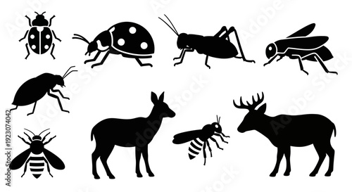 Animal and Insect Silhouettes Collection: Deer, Ladybugs, Grasshopper, and Bees