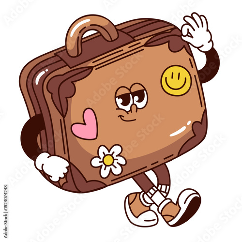 Suitcase character with rounded shape, handle, decorative stickers and smiling face forming playful travel luggage symbol. Suitcase in retro groovy cartoon outline style vector illustration.