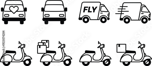 Black and white delivery vehicle icons featuring vans with heart, FLY text, motion lines, and scooters carrying packages for courier, logistics, transport, and shipping design