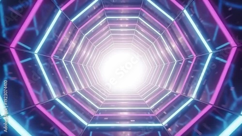 Illuminated Tunnel: An abstract composition of a tunnel created by geometric shapes, with neon lights guiding the view towards the center of bright. 