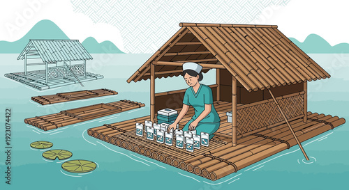 Nurse preparing medical supplies on a floating bamboo raft clinic in a tranquil lake setting.