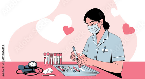 Nurse Preparing Medical Tests with Blood Collection Tubes and Equipment