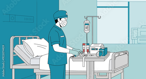 Nurse Preparing Medical Treatment in Hospital Room with IV Drip and Blood Samples