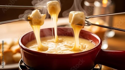 Melted Cheese Delight: A close-up view of a fondue pot, showcasing golden cheese oozing from bread cubes held by forks, promising a delightful culinary experience.