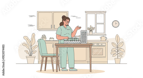 Nurse Preparing Medication and Treatments in a Modern Kitchen Setting