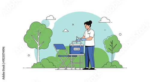 Nurse Preparing Outdoor Medical Treatment with Cooler Box and Chair