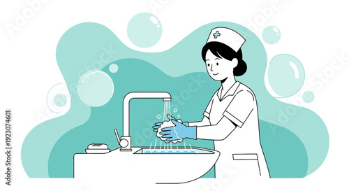Nurse Washing Hands in Sink with Bubbles - Healthcare Hygiene Illustration