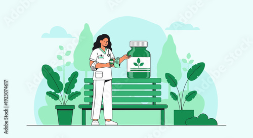 Nurse with Herbal Medicine Bottle and Plants in Park
