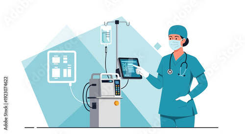 Nurse with IV Drip and Medical Equipment, Digital Health Technology