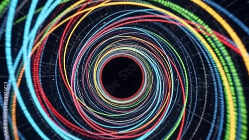 Vortex of Data: An abstract swirl of vibrant, multicolored lines converges towards a central point, symbolizing the flow of information and energy in a dynamic and mesmerizing manner.