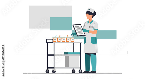 Nurse with Medical Cart and Patient Samples, Healthcare Professional Examines Chart