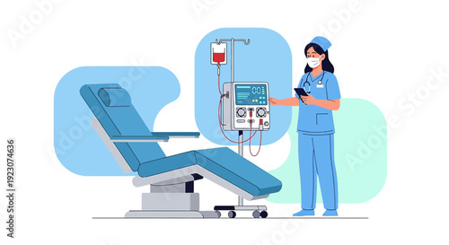 Nurse with Medical Equipment and Dialysis Chair - Healthcare Illustration