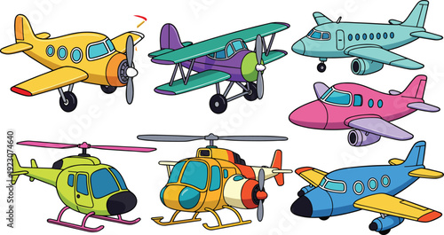 Colorful cartoon aircraft illustration set featuring airplanes and helicopters in vibrant pixel style with propellers, jets, rotors, and playful aviation designs for children’s education and 