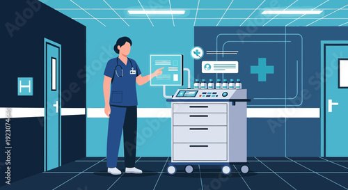 Nurse with Medical Cart in Modern Hospital Corridor, Healthcare Technology
