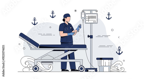 Nurse with Medical Equipment and Stretcher, Healthcare Illustration