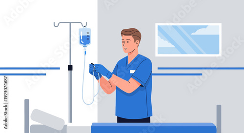 Nurse Preparing IV Drip for Patient in Hospital Room
