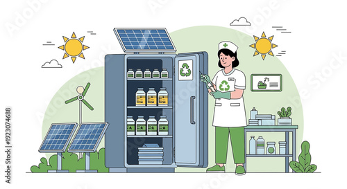 Nurse with Solar Powered Medical Refrigerator and Renewable Energy