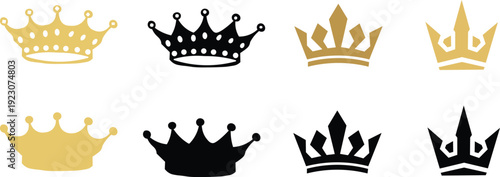 Set of luxury crown icons in gold and black colors, royal king and queen symbols for logo design