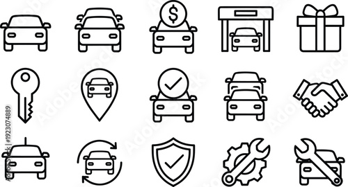 Black and white automotive icons featuring cars, garage, dollar coin, handshake, shield, wrench, gear, location pin, and fleet vehicles for dealership, rental, insurance, and repair design