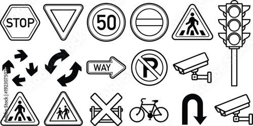 Black and white traffic and road sign icons featuring stop, yield, speed limit, no entry, pedestrian, traffic light, arrows, roundabout, parking, and surveillance for safety design