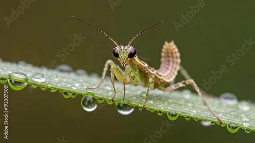 Praying Mantis in Dew: A close-up showcases a captivating praying mantis perched gracefully on a leaf adorned with glistening dewdrops.