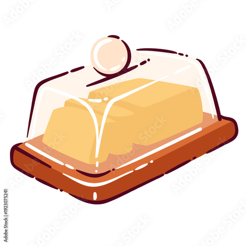 Butter dish with glass lid and butter block. Kitchen dairy product for cooking and baking. Doodle outline kitchenware icon, cartoon vector illustration.