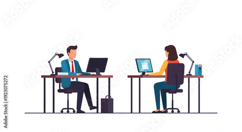 Two colleagues working together at separate desks in an office