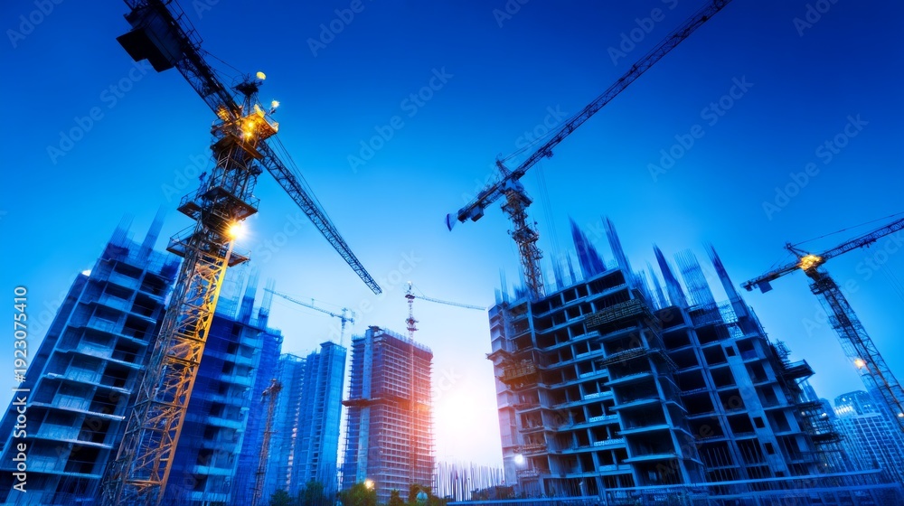 Fototapeta premium Evening Construction Site Progress with Cranes and Buildings Underway