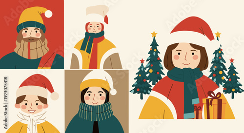 Illustration of people wearing winter clothing and christmas decorations
