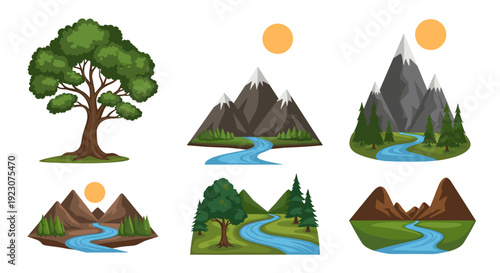Collection of landscape icons with mountains, trees, and rivers