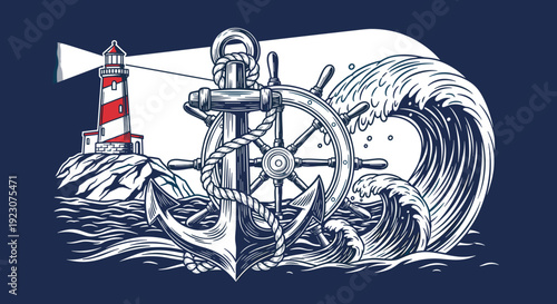 Nautical scene with anchor ship wheel lighthouse and wave on dark blue background