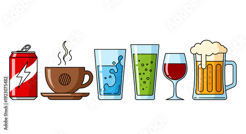 Assorted drinks and beverages on in a row