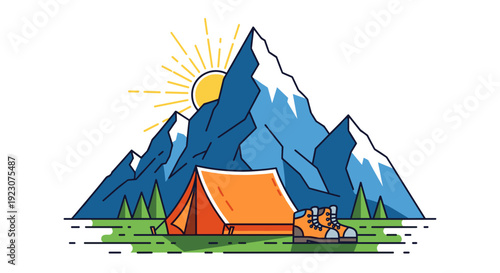 Camping scene with tent and mountain range under sunny sky outdoors