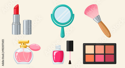 Collection of various makeup products and tools on beige background