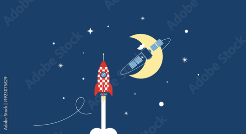 A rocket ship blasts off into the night sky with a crescent moon