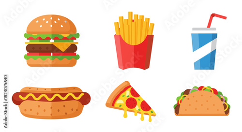 Colorful fast food icons including burger, fries, soda, hot dog, pizza, and taco