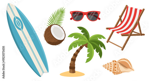 A colorful illustration of summer vacation icons