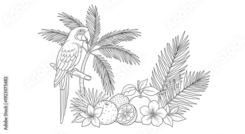 Tropical palm tree leaves and exotic flowers with a parrot on a branch