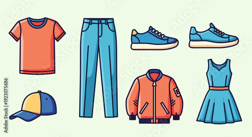 Collection of various colorful clothing items and accessories on light green background