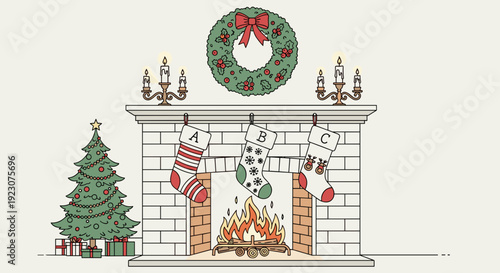 Christmas stockings hang by the fireplace with a tree nearby indoors