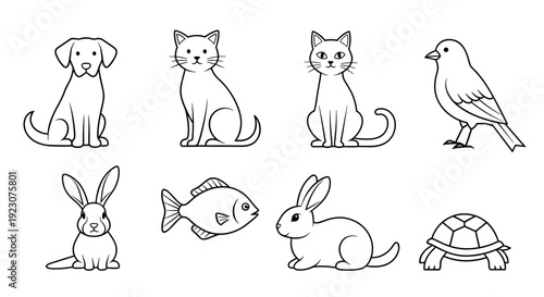 Black and white line drawings of various cute animals