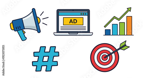 A colorful illustration of business and social media icons