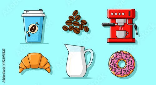 Colorful illustration of breakfast items including coffee and pastry on light blue background