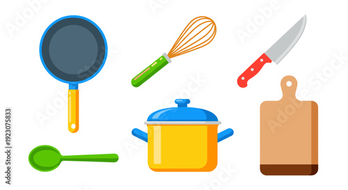 Colorful kitchen utensils and cookware on for cooking