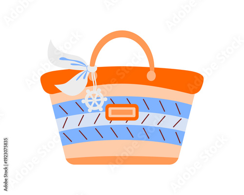 Trendy, woven straw summer beach bag for women in beige and blue with logo, short handle, and accessories such as scarf-shaped pendant and keychain in shape of ship's wheel. Vector illustration.