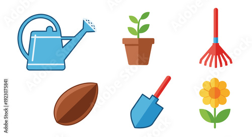 Colorful gardening tools and plants icons on for design